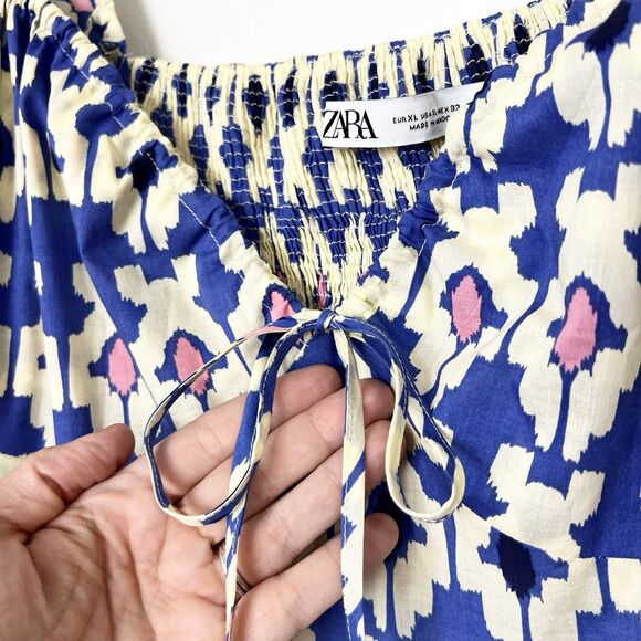 Zara Midi Maxi Dress Blue Ivory Pink Blogger Fave Women’s XL Puff Sleeve - Picture 3 of 15